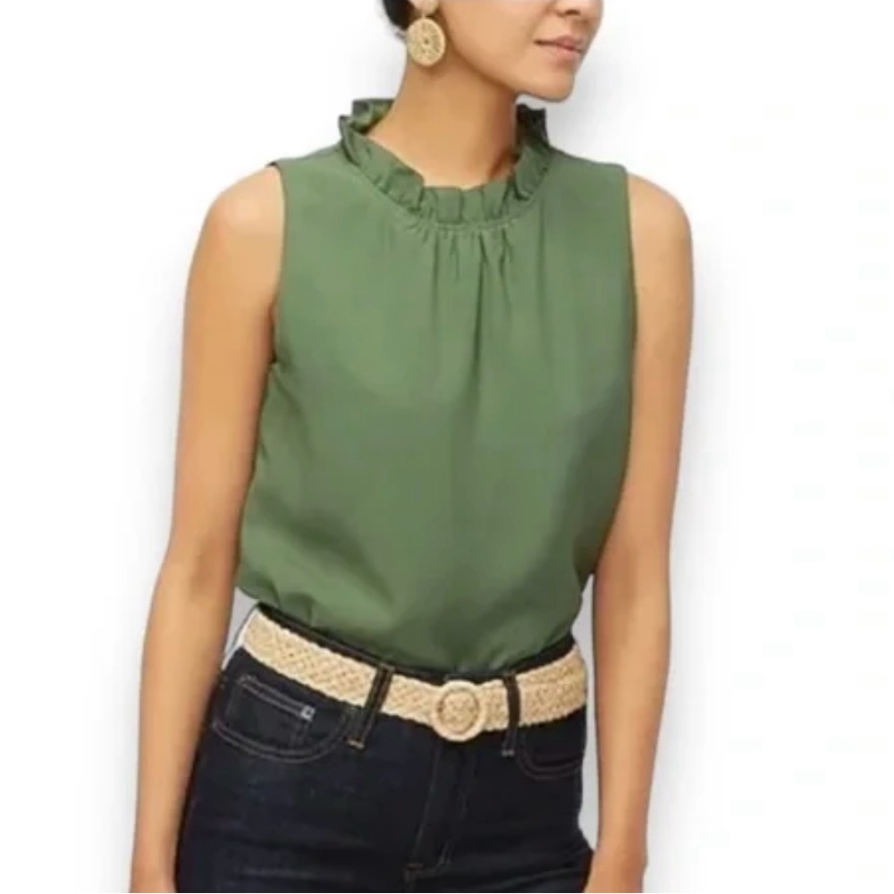 J. Crew Green Sleeveless Ruffle Neck Top